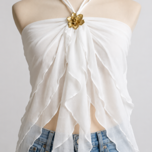 Top Foulard Drapé "PÉTALE BLANC" avec Bijou Doré