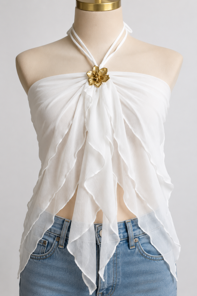 Top Foulard Drapé "PÉTALE BLANC" avec Bijou Doré